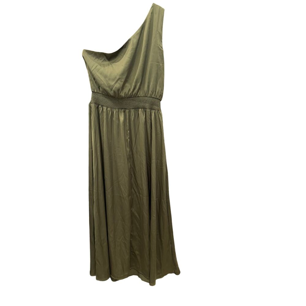 Nicole Miller Dress Womens Small S Olive Green One Shoulder Smocked Midi EUC - Picture 3 of 7